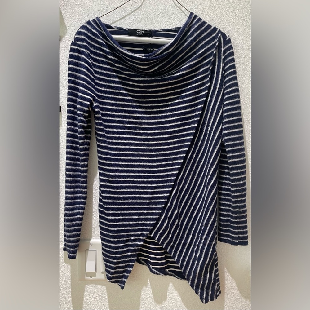 COIN 1804 Striped Sweater Blue/White Size Small Women Cowl Neck Sweater